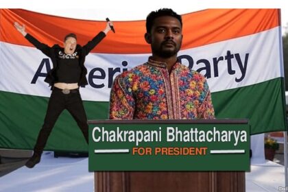 Elon Musk jumping on stage in front of an America Party Indian H1b man.