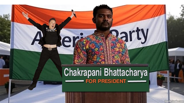 Elon Musk jumping on stage in front of an America Party Indian H1b man.