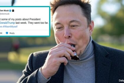 Elon Musk eating a Snickers candy bar after a public feud with Donald Trump.