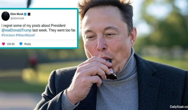 Elon Musk eating a Snickers candy bar after a public feud with Donald Trump.