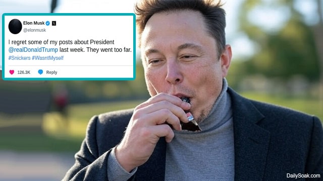 Elon Musk eating a Snickers candy bar after a public feud with Donald Trump.