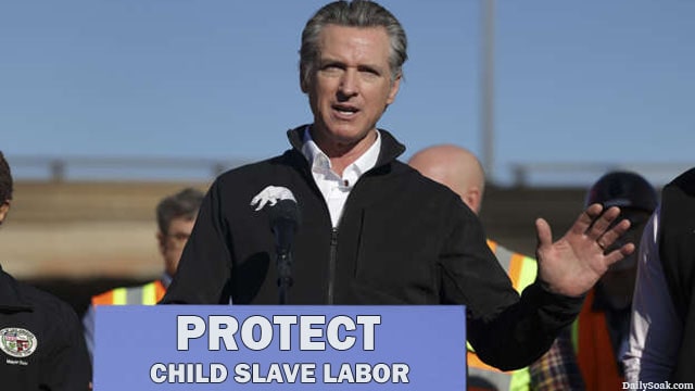 Gavin Newsom giving a speech in front of a podium on Donald Trump's ICE raids.