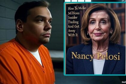 George Santos sitting in prison wearing an orange jumpsuit.