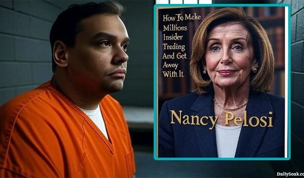 George Santos sitting in prison wearing an orange jumpsuit.