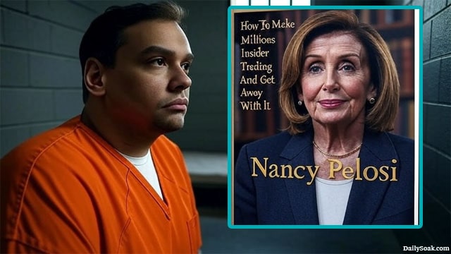 George Santos sitting in prison wearing an orange jumpsuit.