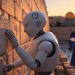 Grok robot in Israel at the Wailing Wall with Ben Shapiro in the background.