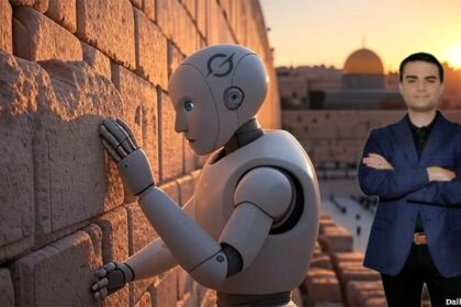 Grok robot in Israel at the Wailing Wall with Ben Shapiro in the background.