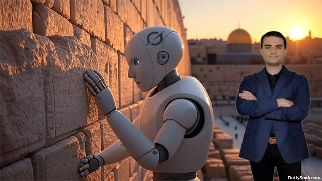 Grok robot in Israel at the Wailing Wall with Ben Shapiro in the background.