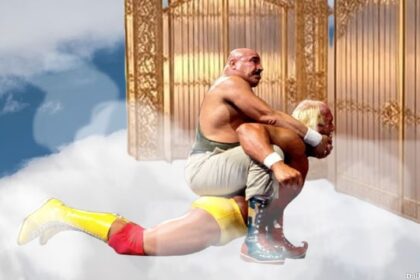 WWF The Iron Sheik using a camel clutch on Hulk Hogan.