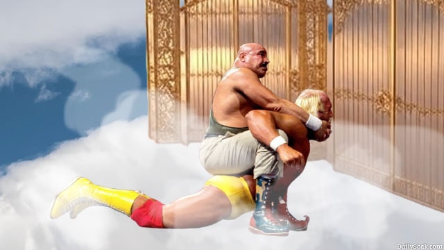WWF The Iron Sheik using a camel clutch on Hulk Hogan.