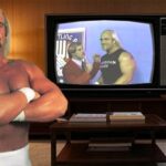 Hulk Hogan standing in front of an old TV in a 1980s living room.