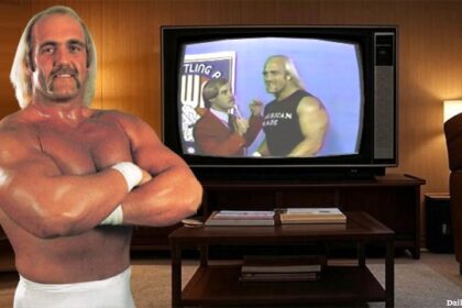 Hulk Hogan standing in front of an old TV in a 1980s living room.