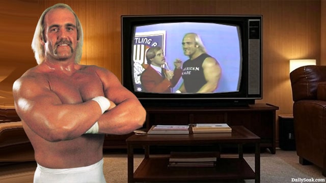 Hulk Hogan standing in front of an old TV in a 1980s living room.