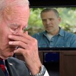 Joe Biden covering his eyes while watching his male son Hunter Biden on a television.