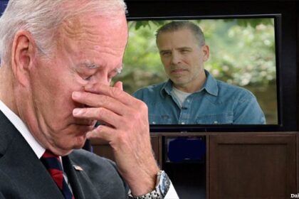 Joe Biden covering his eyes while watching his male son Hunter Biden on a television.