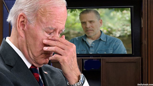 Joe Biden covering his eyes while watching his male son Hunter Biden on a television.