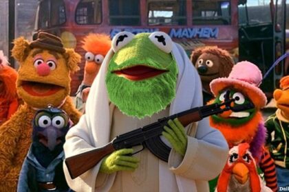 Kermit the Frog wearing Muslim clothing standing in front of the other Muppets.