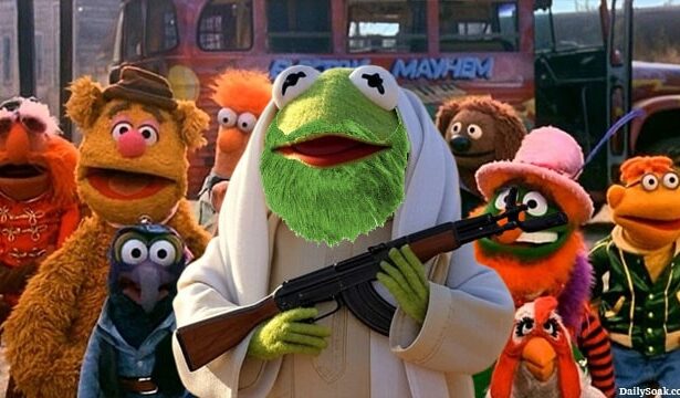 Kermit the Frog wearing Muslim clothing standing in front of the other Muppets.