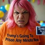 Angry, pink-haired liberal woman wearing an orange shirt with the words "Trump for Prison".