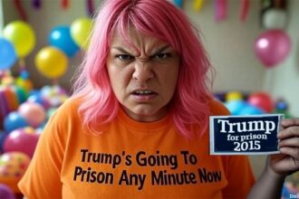 Angry, pink-haired liberal woman wearing an orange shirt with the words "Trump for Prison".