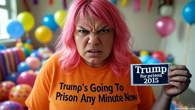 Angry, pink-haired liberal woman wearing an orange shirt with the words "Trump for Prison".