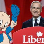 Canada Prime Minister Mark Carney on stage next to cartoon character Porky Pig.