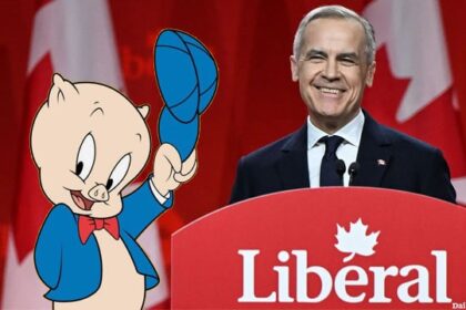 Canada Prime Minister Mark Carney on stage next to cartoon character Porky Pig.