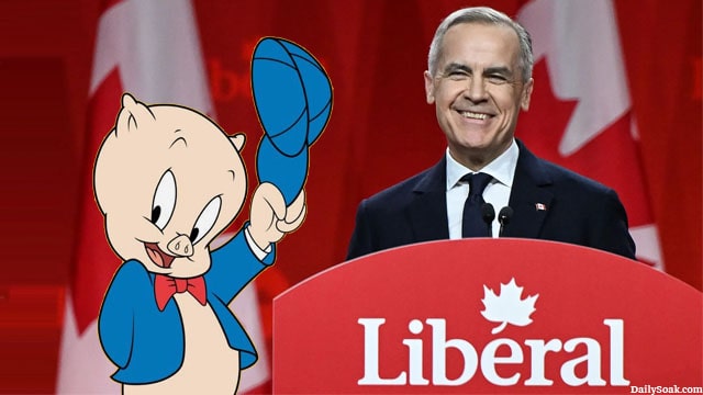 Canada Prime Minister Mark Carney on stage next to cartoon character Porky Pig.
