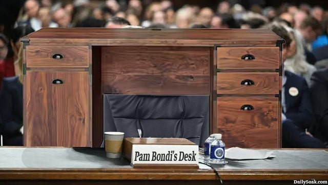 Pam Bondi's desk sitting behind witness table inside of Congress.
