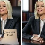 Pam Bondi sitting at her desk in front of the Jeffrey Epstein Files.