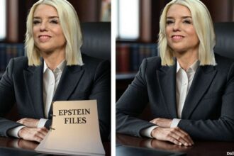 Pam Bondi sitting at her desk in front of the Jeffrey Epstein Files.