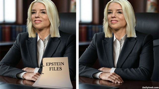 Pam Bondi sitting at her desk in front of the Jeffrey Epstein Files.