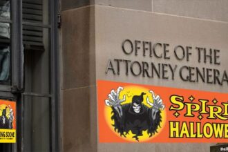 Spirit Halloween signs in front of Pam Bondi's Attorney General office in Washington.