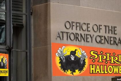 Spirit Halloween signs in front of Pam Bondi's Attorney General office in Washington.
