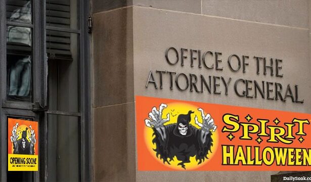 Spirit Halloween signs in front of Pam Bondi's Attorney General office in Washington.