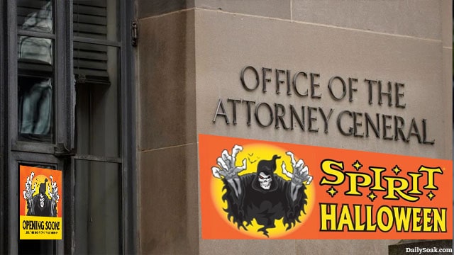 Spirit Halloween signs in front of Pam Bondi's Attorney General office in Washington.