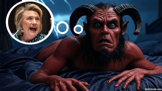 Satan scared in bed as he thinks about Hillary Clinton.