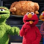 Sesame Street Muppets eating fried chicken.