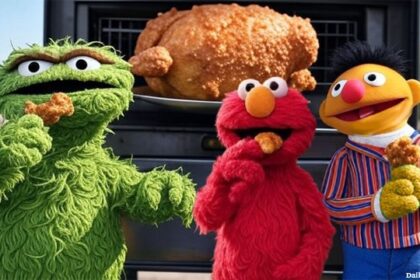 Sesame Street Muppets eating fried chicken.