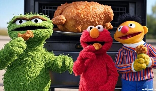 Sesame Street Muppets eating fried chicken.