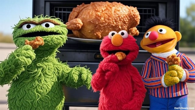 Sesame Street Muppets eating fried chicken.