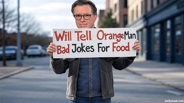 Late Show host Stephen Colbert standing on street corner holding a sign.