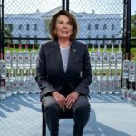 Nancy Pelosi inside of a cage with vodka bottles on Donald Trump's White House lawn.