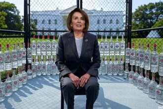 Nancy Pelosi inside of a cage with vodka bottles on Donald Trump's White House lawn.