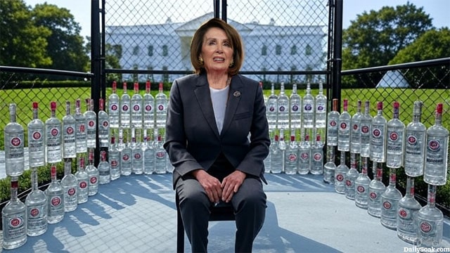 Nancy Pelosi inside of a cage with vodka bottles on Donald Trump's White House lawn.