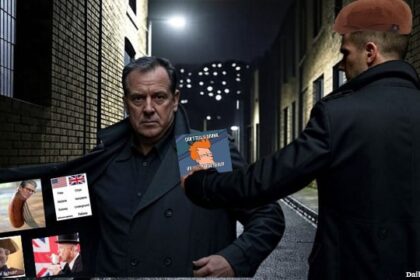 Two UK British men in a dark alleyway sharing memes to avoid the Online Safety Act.