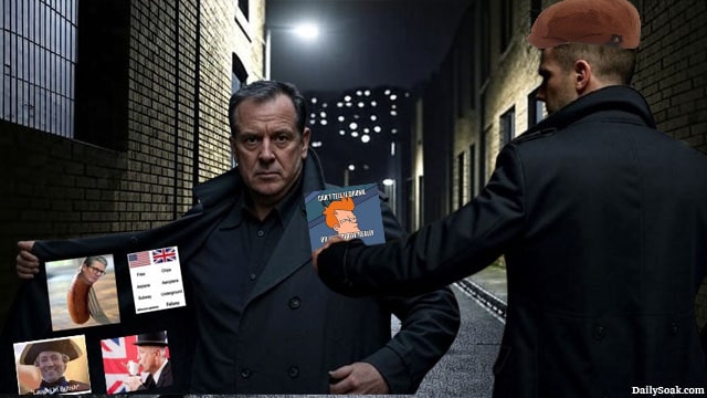 Two UK British men in a dark alleyway sharing memes to avoid the Online Safety Act.