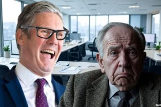 UK Prime Minister Keir Starmer standing next to old white British male pensioner.