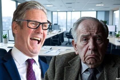 UK Prime Minister Keir Starmer standing next to old white British male pensioner.