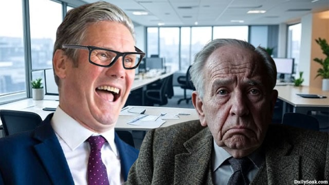 UK Prime Minister Keir Starmer standing next to old white British male pensioner.